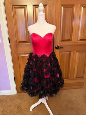 Party Time Pink Strapless with Black Ruffle Mini Dress Size 8